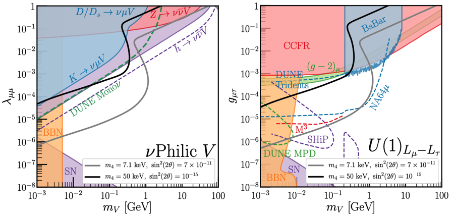 Parameter space for sterile neutrino dark matter production using a neutrinophilic vector boson (left) or a new gauge boson associated with muon/tau flavored lepton number (right).